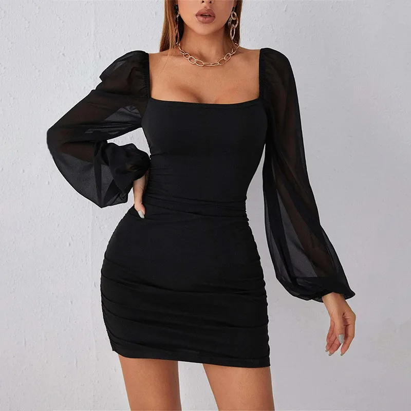 Women Fashion Sexy Solid Color Square Collar Mesh Stitching Bubble Long-Sleeve Pleated Slim-Fit Dress