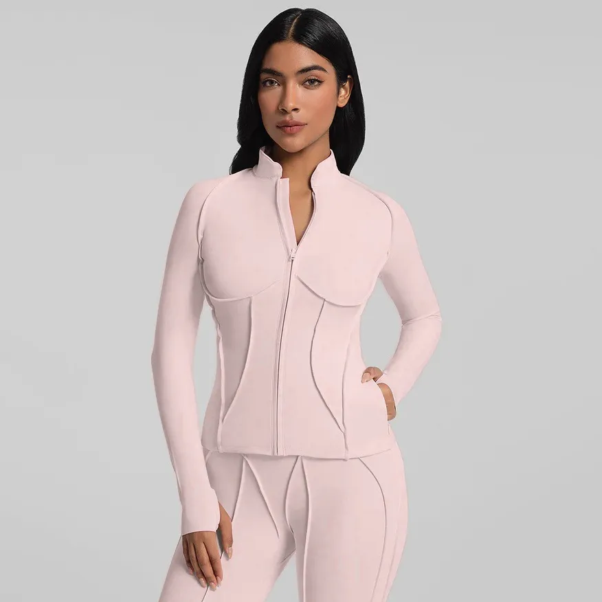 Women Fashion Casual Solid Color Vertical Collar Long Sleeve Zipper Yoga Coat