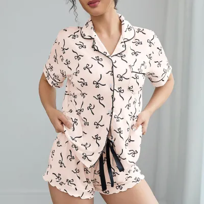 Women Fashion Casual Printed Lapel Short-Sleeve Blouse Loose Shorts Pajamas Two-Piece Set