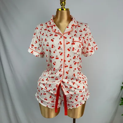Women Fashion Casual Printed Lapel Short-Sleeve Blouse Loose Shorts Pajamas Two-Piece Set