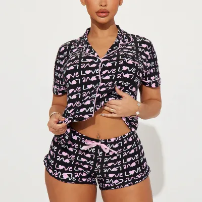 Women Fashion Casual Printed Lapel Short-Sleeve Blouse Loose Shorts Pajamas Two-Piece Set