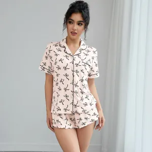 Women Fashion Casual Printed Lapel Short-Sleeve Blouse Loose Shorts Pajamas Two-Piece Set