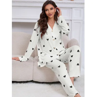 Women Fashion Casual Love Printed Jacquard Long Sleeve Cardigan Loose Pants Pajamas Two-Piece Set