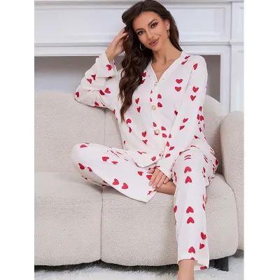 Women Fashion Casual Love Printed Jacquard Long Sleeve Cardigan Loose Pants Pajamas Two-Piece Set