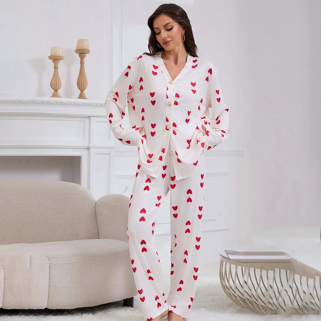 Women Fashion Casual Love Printed Jacquard Long Sleeve Cardigan Loose Pants Pajamas Two-Piece Set