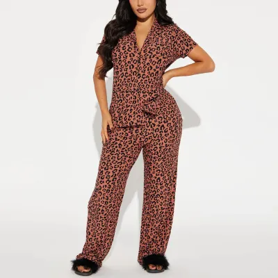 Women Fashion Casual Letter Embroidered Lapel Short Sleeve Top Loose Pants Pajamas Two-Piece Set