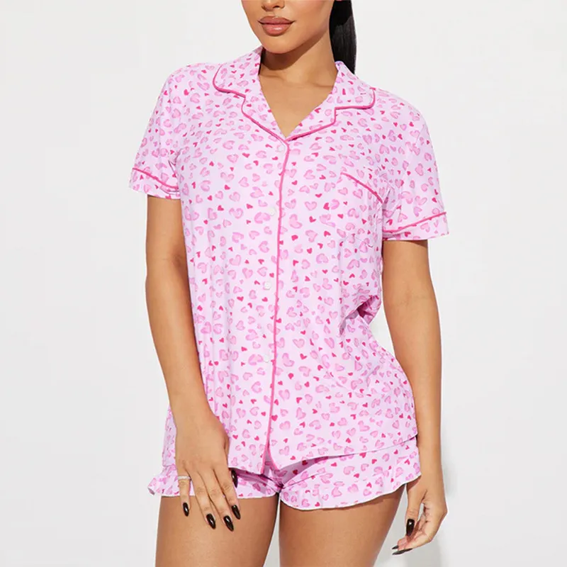 Women Fashion Casual Love Printed Lapel Short-Sleeve Top Loose Shorts Pajamas Two-Piece Set