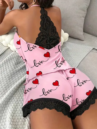 Women Fashion Sexy Cotton Sanding Lace Edge Halter-Neck Top Loose Shorts Pajamas Two-Piece Set