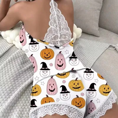 Women Fashion Sexy Cotton Sanding Lace Edge Halter-Neck Top Loose Shorts Pajamas Two-Piece Set