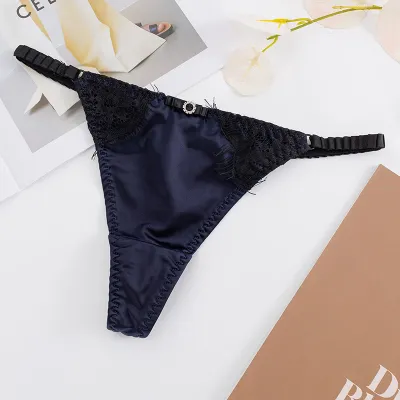 Women Fashion Sexy Lace Stitching Ice Silk Thin Low Waist Seamless Thong