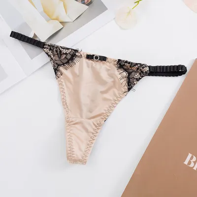 Women Fashion Sexy Lace Stitching Ice Silk Thin Low Waist Seamless Thong