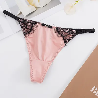 Women Fashion Sexy Lace Stitching Ice Silk Thin Low Waist Seamless Thong