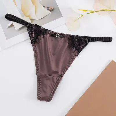 Women Fashion Sexy Lace Stitching Ice Silk Thin Low Waist Seamless Thong