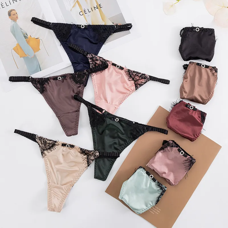 Women Fashion Sexy Lace Stitching Ice Silk Thin Low Waist Seamless Thong