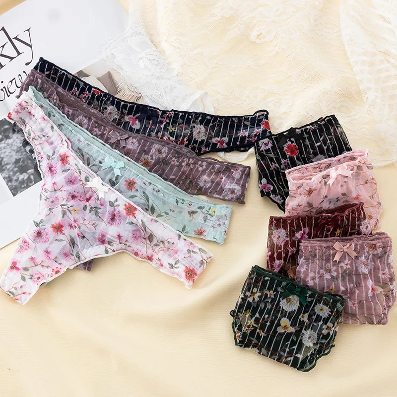 Women Fashion Sexy Lace Printed Low Waist Breathable Thong