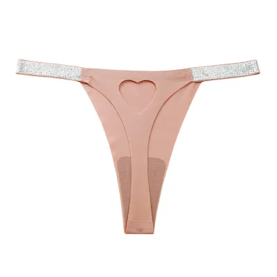 Women Fashion Sexy Solid Color Love Hollow-Out Low Waist Seamless Ice Silk Thong