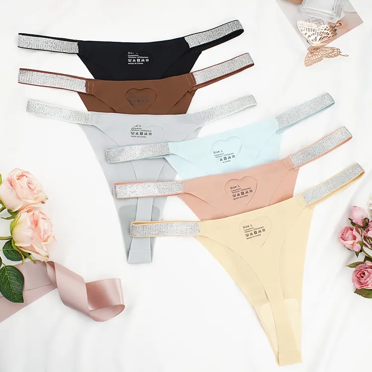 Women Fashion Sexy Solid Color Love Hollow-Out Low Waist Seamless Ice Silk Thong