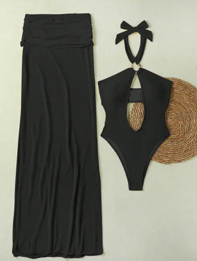 Women Fashion Sexy Solid Color Halter-Neck Hollow One-Piece Swimsuit Maxi Skirts Two-Piece Set