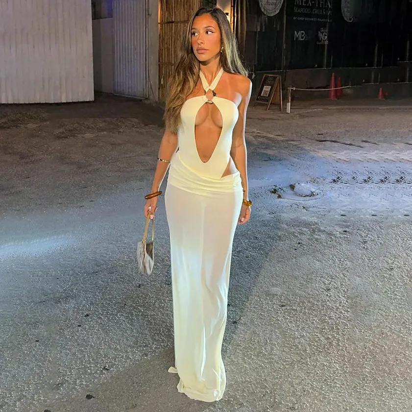 Women Fashion Sexy Solid Color Halter-Neck Hollow One-Piece Swimsuit Maxi Skirts Two-Piece Set