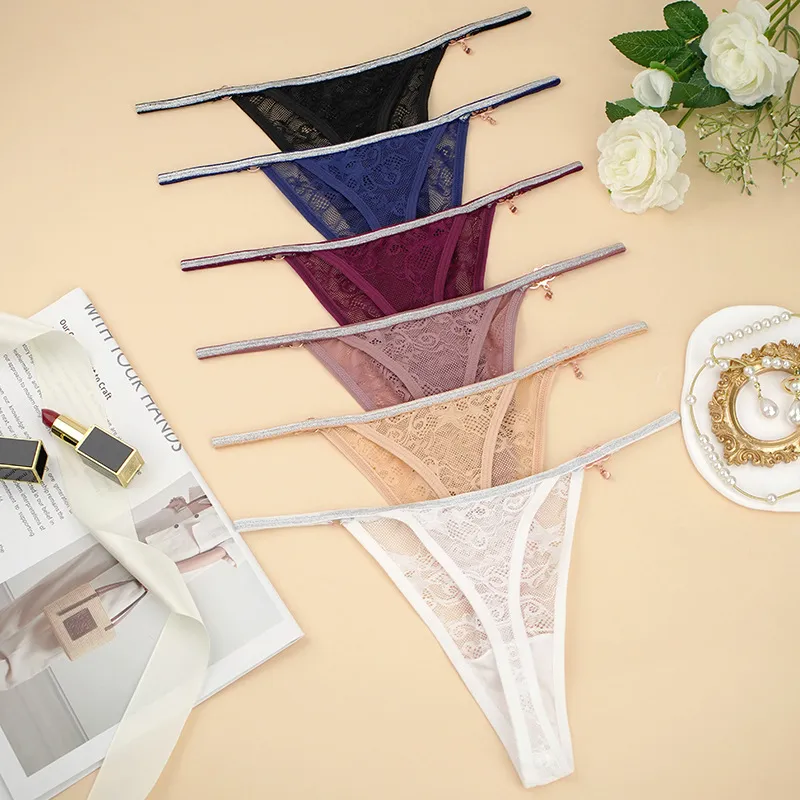 Women Fashion Sexy Solid Color Lace Low Waist Breathable Hollow-Out Thong