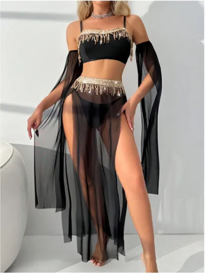 Women Fashion Solid Color Rhinestone Tassel Decorative Chain Sexy Lingerie Set