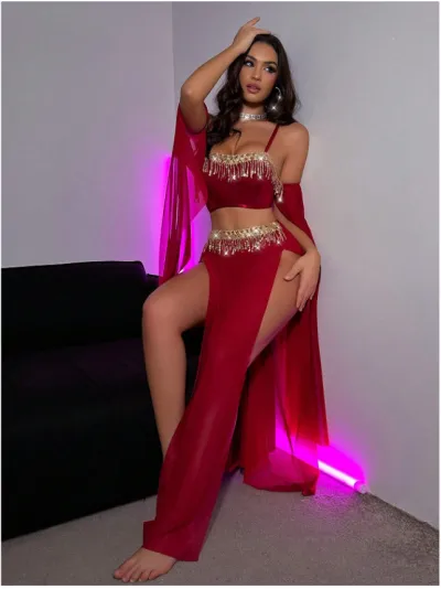 Women Fashion Solid Color Rhinestone Tassel Decorative Chain Sexy Lingerie Set