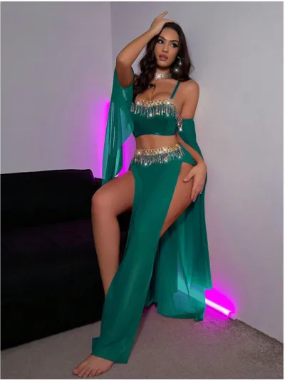 Women Fashion Solid Color Rhinestone Tassel Decorative Chain Sexy Lingerie Set