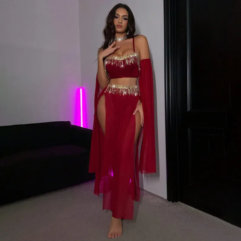 Women Fashion Solid Color Rhinestone Tassel Decorative Chain Sexy Lingerie Set