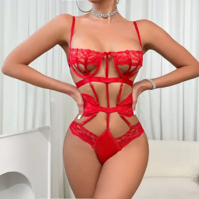Lencería sexy de una pieza de malla calada de color liso para mujer.