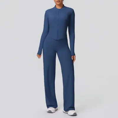 Women Fashion Casual Solid Color Sanding Breathable Zipper Jacket Wide Leg Pants Yoga Sports Two-Piece Set