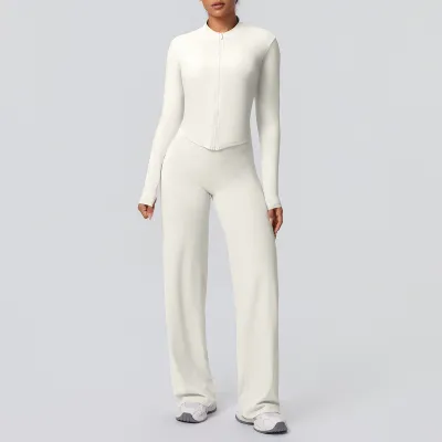 Women Fashion Casual Solid Color Sanding Breathable Zipper Jacket Wide Leg Pants Yoga Sports Two-Piece Set