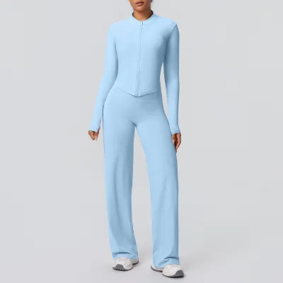Women Fashion Casual Solid Color Sanding Breathable Zipper Jacket Wide Leg Pants Yoga Sports Two-Piece Set