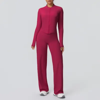 Women Fashion Casual Solid Color Sanding Breathable Zipper Jacket Wide Leg Pants Yoga Sports Two-Piece Set