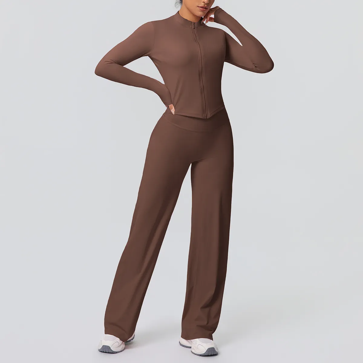 Women Fashion Casual Solid Color Sanding Breathable Zipper Jacket Wide Leg Pants Yoga Sports Two-Piece Set