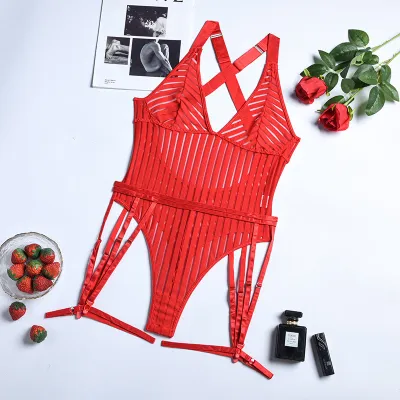 Women Fashion Solid Color Mesh Stripe Garter One-Piece Sexy Lingerie
