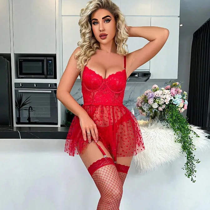 Women Fashion Solid Color Mesh Hollow Love Printed Sexy Lingerie Set