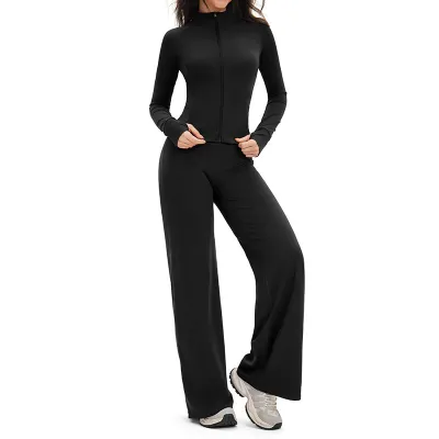 Women Fashion Casual Solid Color Sanding Long-Sleeve Zipper Jacket Wide Leg Pants Sports Two-Piece Set