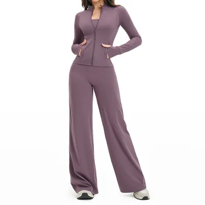 Women Fashion Casual Solid Color Sanding Long-Sleeve Zipper Jacket Wide Leg Pants Sports Two-Piece Set