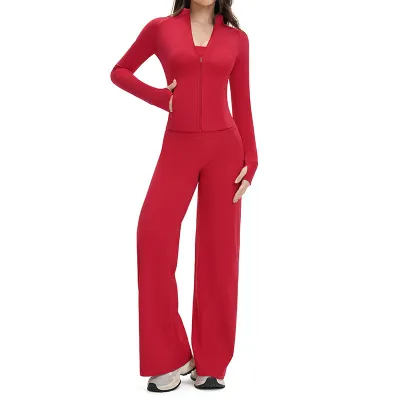 Women Fashion Casual Solid Color Sanding Long-Sleeve Zipper Jacket Wide Leg Pants Sports Two-Piece Set