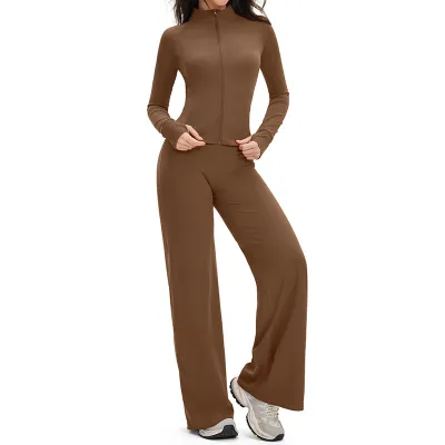 Women Fashion Casual Solid Color Sanding Long-Sleeve Zipper Jacket Wide Leg Pants Sports Two-Piece Set