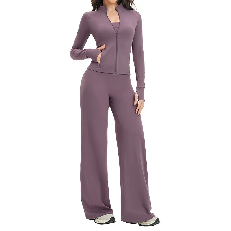 Women Fashion Casual Solid Color Sanding Long-Sleeve Zipper Jacket Wide Leg Pants Sports Two-Piece Set