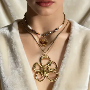 Women 304 Stainless Steel Hollow Floral Pendant Necklace with Irregular Chain