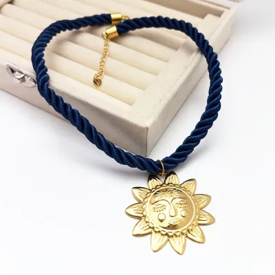 Women Fashion Multicolor Braided Rope 304 Stainless Steel Sunflower Pendant Necklace