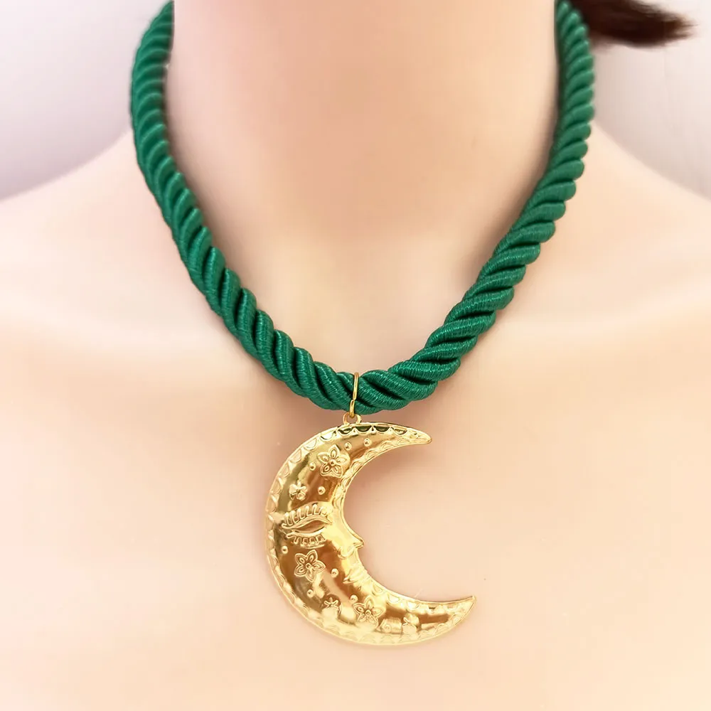 Women's Fashion Casual Exaggerated Handmade Rope 304 Stainless Steel Moon Pendant Necklace