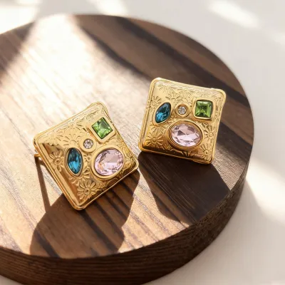 Women Fashion Retro Rhinestone 304 Stainless Steel Square Love Stud Earrings