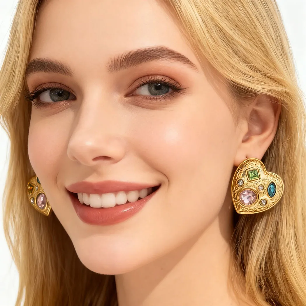 Women Fashion Retro Rhinestone 304 Stainless Steel Square Love Stud Earrings