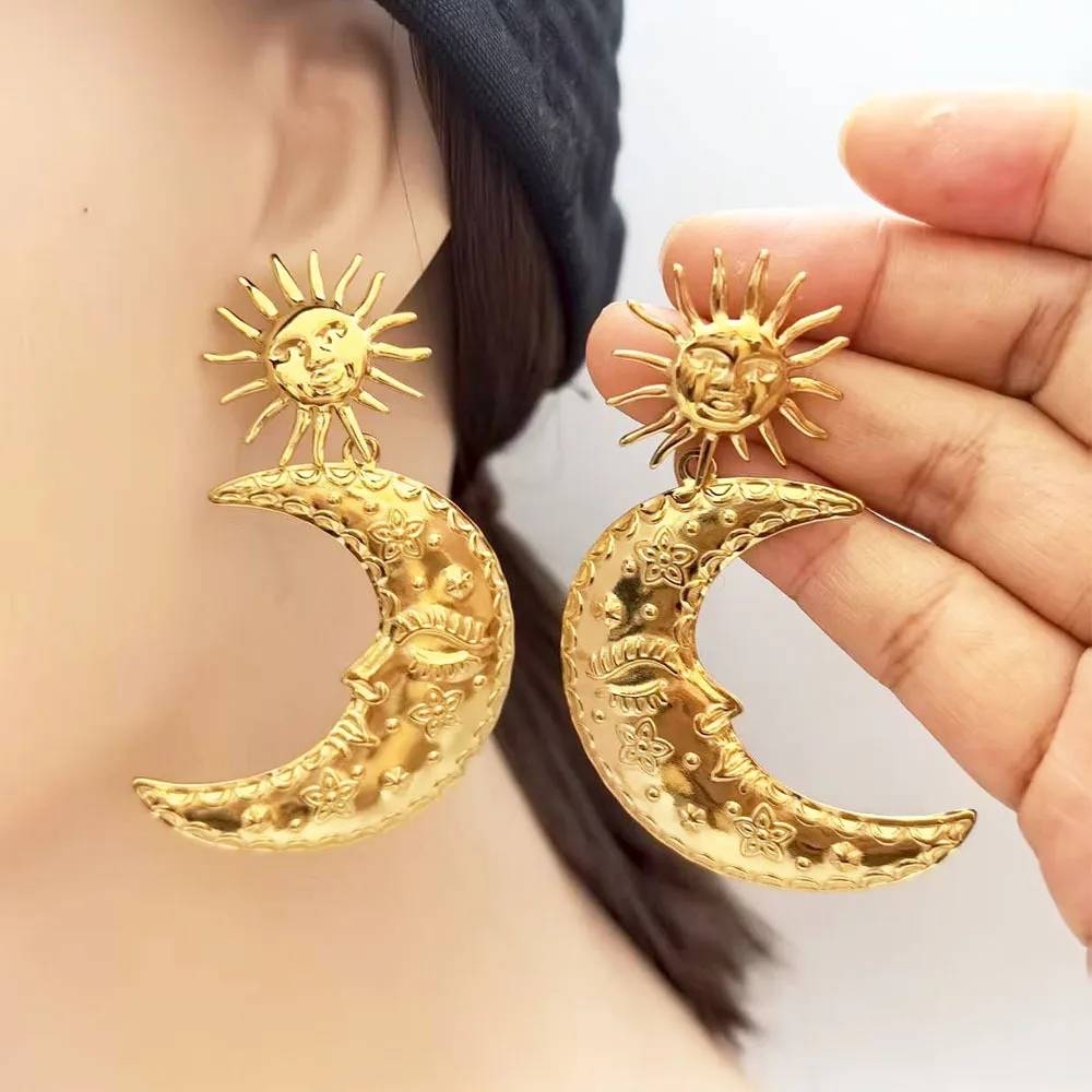 Women's Exaggerated 304 Stainless Steel Long Star Moon Earrings