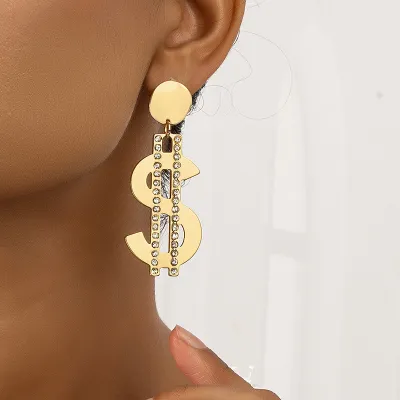 Women Fashion Rhinestone Dollar Symbol Letter Earrings