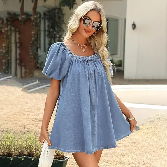 Women Fashion Elegant Square Collar Puff Sleeve Denim Dress