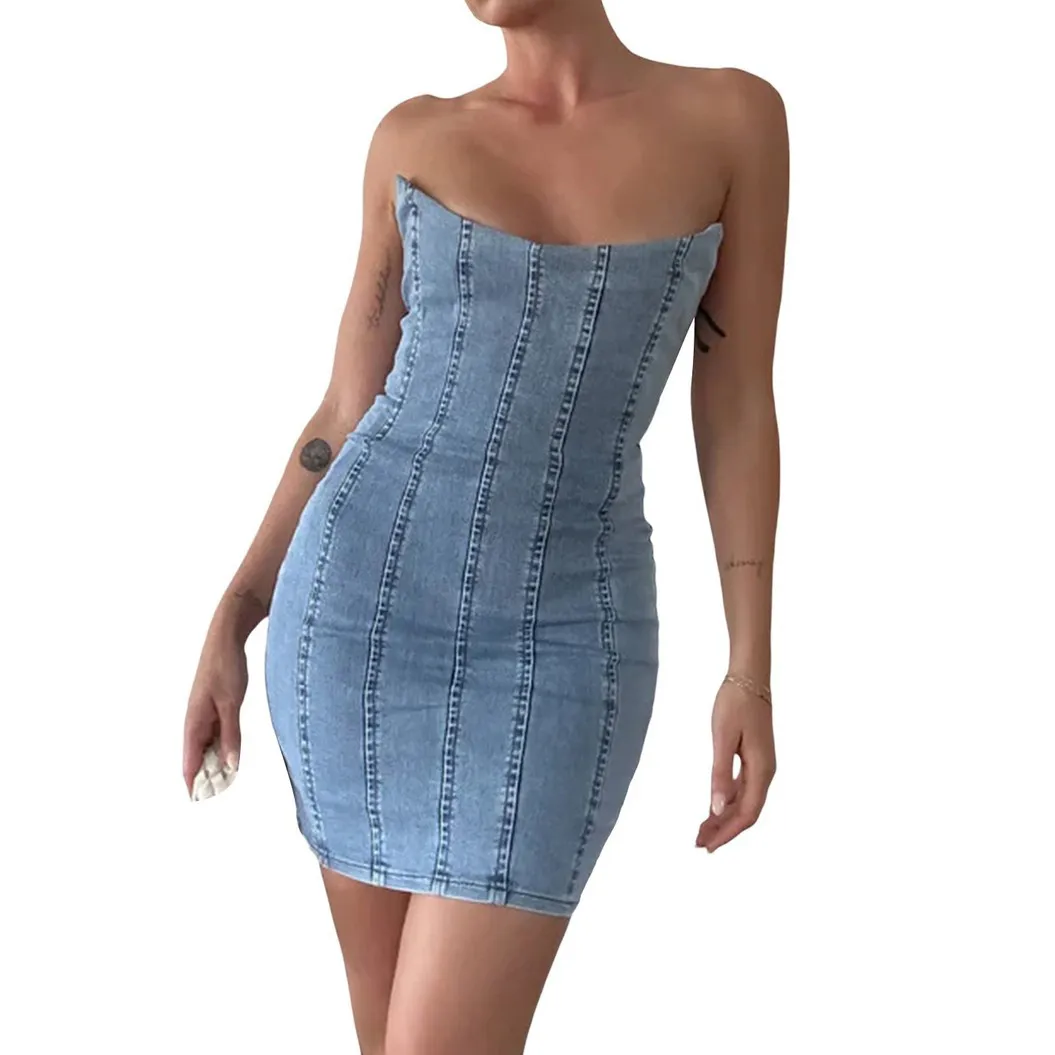Women Fashion Sexy Solid Color Tube Top Slim Fit Strapless Bodycon Denim Dress